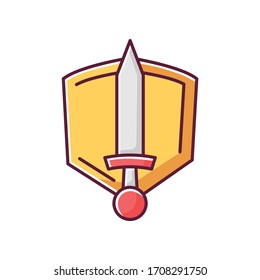 History epic RGB color icon. Common movie genre, filmmaking category. Medieval action adventure, fantasy fiction. Sword and shield isolated vector illustration