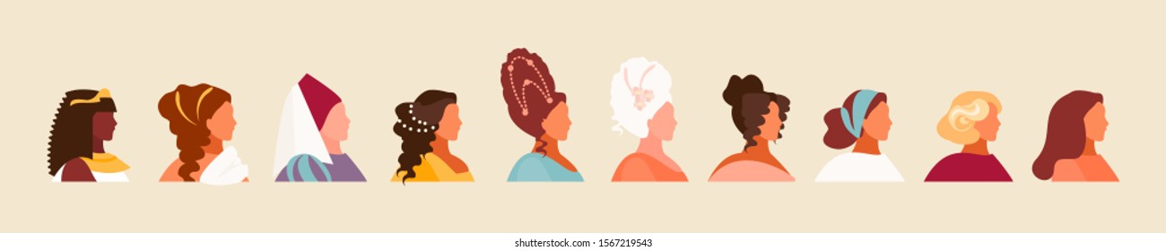 History and evolution of hairstyles. Set of female characters, fashion development. Vector illustration