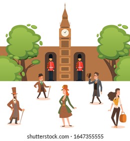 History and fashion of England, people in retro costumes, vector illustration. Ladies and gentlemen cartoon characters on streets of London. Guardians in uniform, men and women in historic clothes