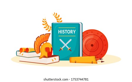 History Flat Concept Vector Illustration. School Subject. Historical Book. Humanities Science Metaphor. University Course. Student Textbook And Ancient Items 2D Cartoon Objects