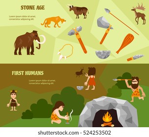 History flat horizontal banners with ancient weapon animals tribe caveman cave and bonfire vector illustration