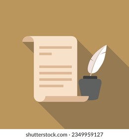 History flat icon with long shadow. Simple scroll and feather quill pen ink pictogram vector illustration. School subject, literature, history concept. Logo design