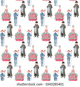 History of France. Queen Marie Antoinette, Jeanne d’Arc (Joan of Arc), Napoleon Bonaparte. Seamless background pattern. Vector illustration

