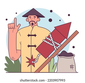 History Of Gunpowder. China Invention Was Employed For Early Modern Warfare In Europe. First Explosive Spreading Throughout Asia And Europe. Flat Vector Illustration