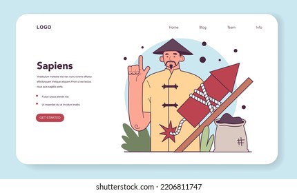 History Of Gunpowder Web Banner Or Landing Page. China Invention Was Employed For Early Modern Warfare In Europe. First Explosive Spreading Throughout Asia And Europe. Flat Vector Illustration