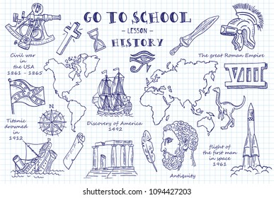 History. Hand sketches on the theme of History. Note book page paper. Vector illustration.