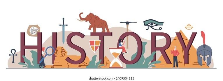 History header. Typographic composition, past and ancient civilization elements, science, paleontology and archeology, educational poster, cartoon flat isolated nowaday vector concept