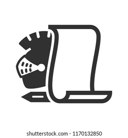 history. helm knight, a scroll and a sword. monochrome icon