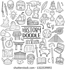 History of Humanity Subject. Traditional Doodle Icons. Sketch Hand Made Design Vector Art.