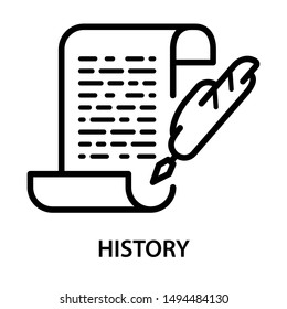 History icon. Paper with quill. Stroke outline style. Vector. Isolate on white background.
