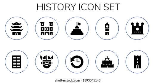 history icon set. 10 filled history icons.  Collection Of - Pagoda, Columns, Notre dame, Viking, Pyramid, History, Big ben, Castle, Crown, Tower