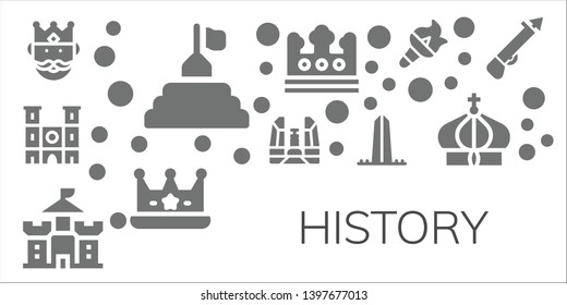 history icon set. 11 filled history icons.  Simple modern icons about  - King, Pyramid, Notre dame, Democracy monument, Castle, Washington, Crown, Torch, Spear