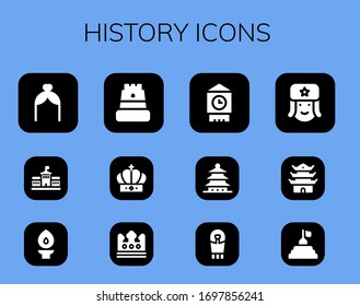 History Icon Set. 12 Filled History Icons. Included Arch, Berlin, Torch, Castle, Crown, Big Ben, Pagoda, Sarcophagus, Russian, Pyramid Icons