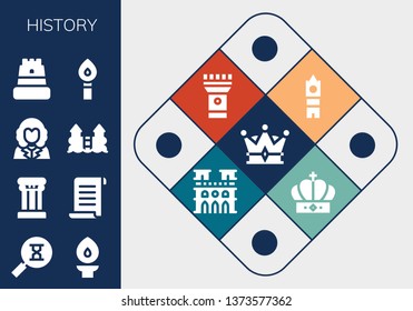history icon set. 13 filled history icons.  Simple modern icons about  - Crown, Sandclock, Torch, Column, Papyrus, George washington, Castle, Big ben, Notre dame