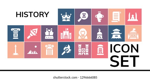  history icon set. 19 filled history icons. Simple modern icons about  - Crown, Column, Monas, Pyramids, Torch, Notre dame, Telephone booth, Armour, Castle, George washington