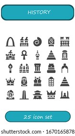 history icon set. 25 filled history icons. Included Gateway arch, Fortress, Fossil, Big ben, Notre dame, Castle, Ankh, Fernsehturm berlin, Pyramid, Telephone booth, Torch icons