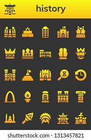 history icon set. 26 filled history icons.  Collection Of - Democracy monument, Pagoda, Castle, Phone booth, Armour, Crown, Colosseum, King, Notre dame, Pyramid, Medieval, Sandclock
