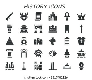 history icon set. 30 filled history icons.  Collection Of - Spear, Viking, Papyrus, Castle, Ankh, Crown, Torch, Pagoda, Arch, Tower, Pyramid, Moai, Amphora, Phone booth, Armour