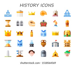 history icon set. 30 flat history icons.  Collection Of - kremlin, parthenon, Crown, fossil, armor, capitol, sand clock, moais, dinosaur, crown, pharaoh, sarcophagus, viking helmet icons