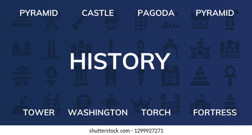  history icon set. 32 filled history icons. on blue background style Simple modern icons about  - Pyramid, Castle, Pagoda, Tower, Washington, Torch, Fortress, Spear, Column, Sandclock