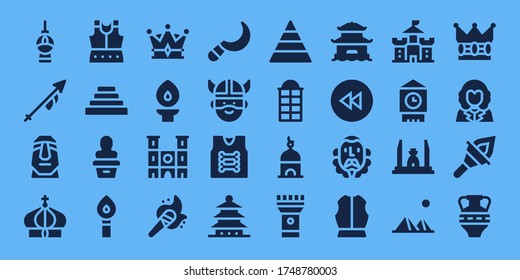 history icon set. 32 filled history icons. Included Fernsehturm berlin, Lance, Moai, Crown, Armour, Pyramid, Statue, Torch, Notre dame, Sickle, Viking, Armor, Pagoda, Phone booth icons