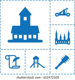 History icon. set of 6 history filled icons such as castle, feather and paper, catapult