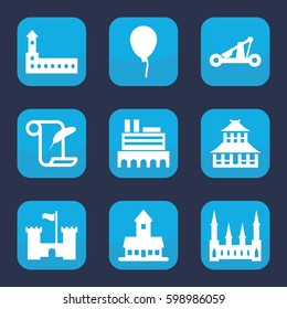 History Icon. Set Of 9 Filled History Icons Such As Castle, Temple, Baloon, Feather And Paper