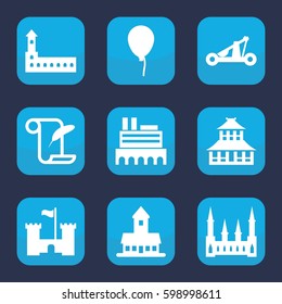 history icon. Set of 9 filled history icons such as castle, temple, baloon, feather and paper
