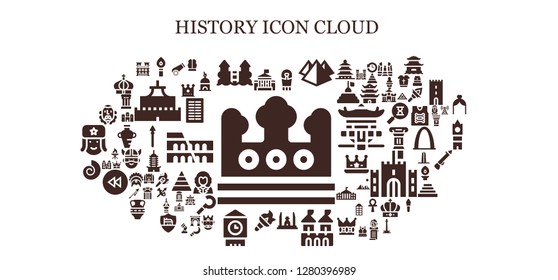  history icon set. 93 filled history icons. Simple modern icons about  - Crown, White house, Torch, Castle, Sarcophagus, Pyramid, Democracy monument, Fortress, Big ben, Fossil