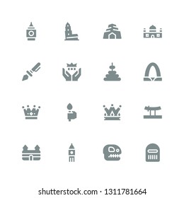 history icon set. Collection of 16 filled history icons included Warrior, Fossil, Big ben, Castle, Katana, Crown, Torch, Gateway arch, Tower, Prehistoric, Cave, Nevyansk
