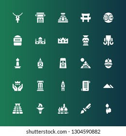 history icon set. Collection of 25 filled history icons included Torch, Prehistoric, Kremlin, Pyramid, Papyrus, Big ben, Column, Crown, Knight, Moai, Monas, Mammoth, Greek vase