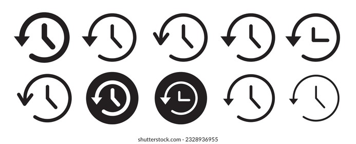 history icon set collection vector. Sign symbol mark of restore or reverse event clock. Black and white activity return time circle outlined and filled web app ui watch dial undo past outlined logo