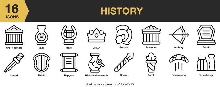 History icon set. Includes vase, torch, tomb, sword, spear, roman, papyrus, and More. Outline icons vector collection.