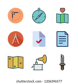 history icon set. vector set about compass, map, phonograph and dagger icons set.