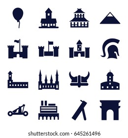 History icons set. set of 16 history filled icons such as castle, pyramid, arc de triomphe, temple, baloon, knight, catapult, helmet