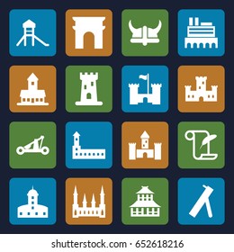 History icons set. set of 16 history filled icons such as castle, arc de triomphe, temple, feather and paper, catapult, helmet