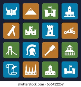 History icons set. set of 16 history filled icons such as castle, pyramid, temple, feather and paper, knight, catapult, helmet, mace