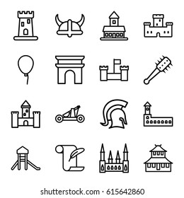 History icons set. set of 16 history outline icons such as castle, Arc de Triomphe, temple, baloon, feather and paper, knight, catapult, helmet
