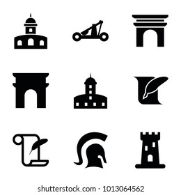 History icons. set of 9 editable filled history icons such as castle, arc de triomphe, feather and paper, knight