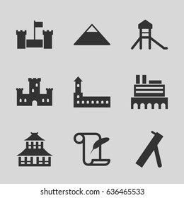 History icons set. set of 9 history filled icons such as castle, pyramid, temple, feather and paper