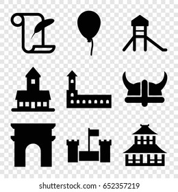 History icons set. set of 9 history filled icons such as castle, arc de triomphe, temple, baloon, feather and paper