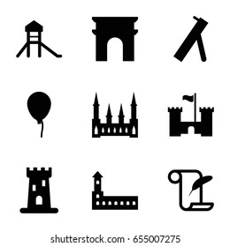 History icons set. set of 9 history filled icons such as castle, arc de triomphe, baloon, feather and paper