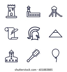 history icons set. Set of 9 history outline icons such as castle, pyramid, baloon, feather and paper, knight