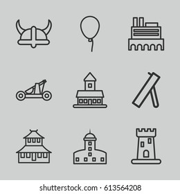 History icons set. set of 9 history outline icons such as castle, temple, baloon, catapult, helmet