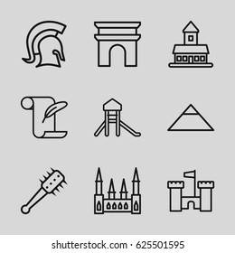 History icons set. set of 9 history outline icons such as castle, pyramid, Arc de Triomphe, feather and paper, knight