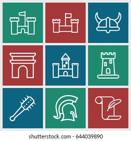 History icons set. set of 9 history outline icons such as castle, arc de triomphe, feather and paper, knight, helmet