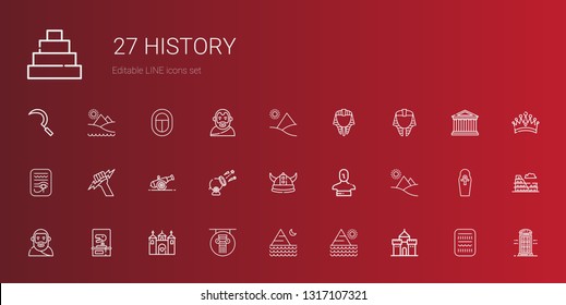 history icons set. Collection of history with castle, pyramid, column, dinosaur, plato, statue, viking, cannon, zeus, egypt, egyptian, phone booth. Editable and scalable history icons.