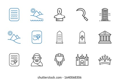 history icons set. Collection of history with crown, castle, egyptian, plato, egypt, parthenon, pyramid, phone booth, sickle, statue. Editable and scalable history icons.