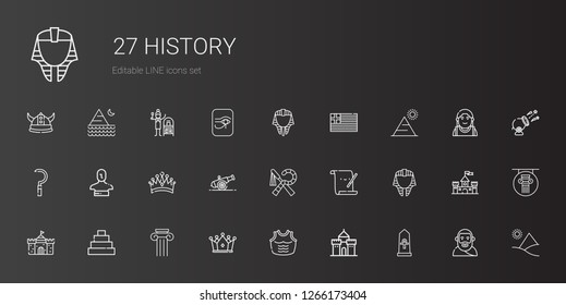 history icons set. Collection of history with egypt, castle, armor, crown, column, pyramid, egyptian, parchment, cannon, statue, sickle, greece. Editable and scalable history icons.