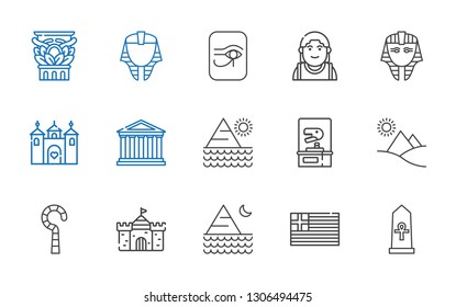 history icons set. Collection of history with egypt, greece, pyramid, castle, dinosaur, parthenon, egyptian, alexander the great, column. Editable and scalable history icons.